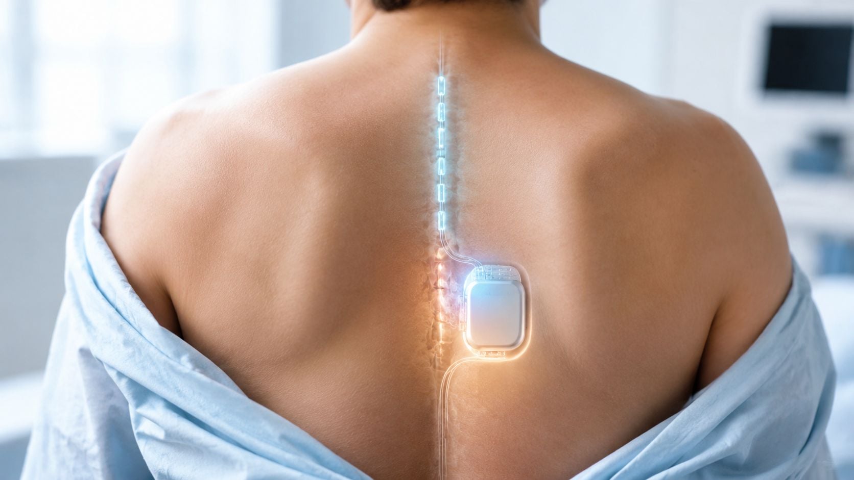 A conceptual medical illustration of a spinal cord stimulator implant placed on a person's upper back.