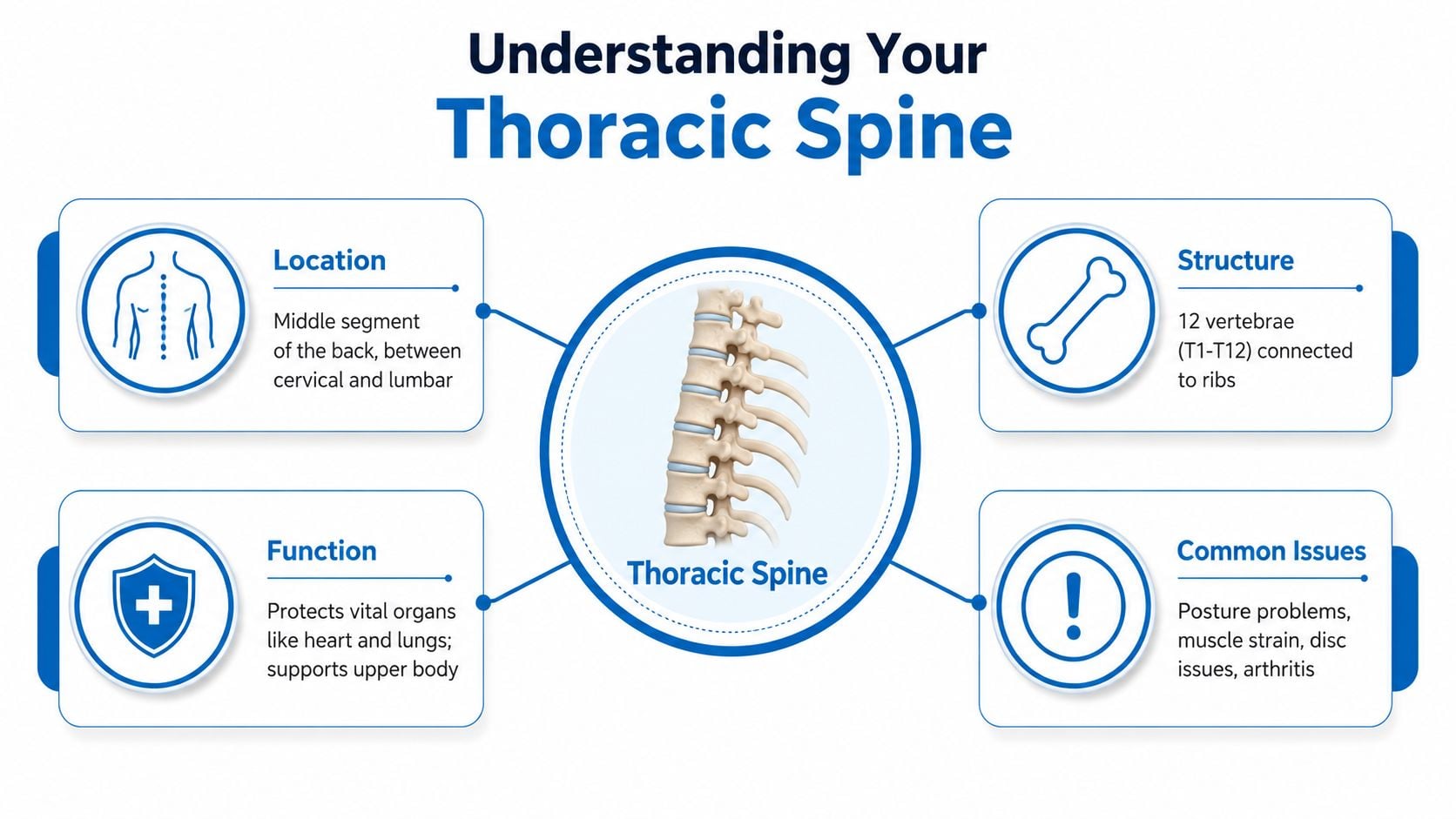 An infographic diagram explaining the location, structure, function, and common issues of the human thoracic spine.