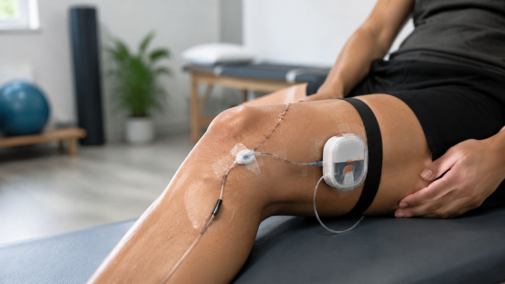 A person recovering from knee surgery while wearing a portable pain pump device on their upper leg.