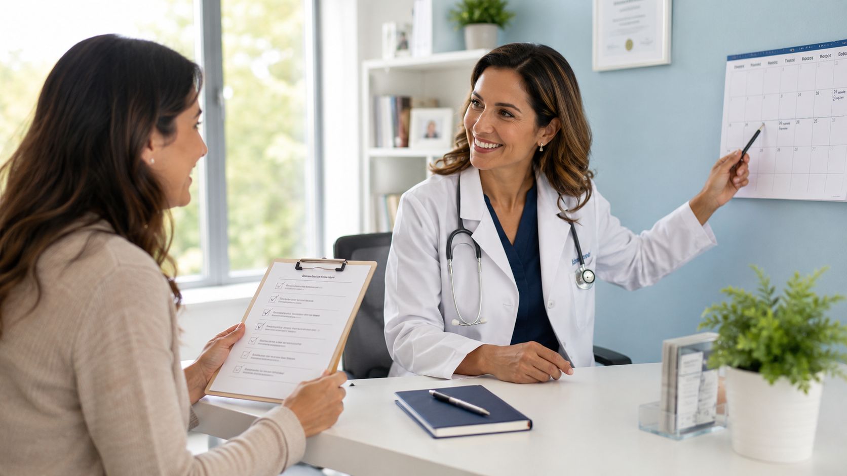 A friendly female doctor smiling while discussing a medical appointment schedule with a patient in an office.