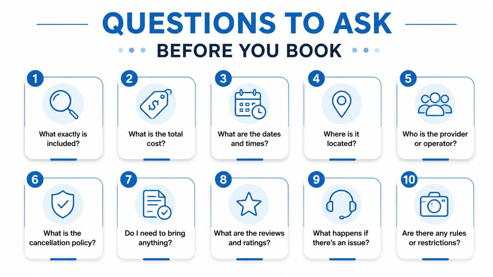 A graphic featuring ten essential questions to consider before booking services, displayed in a numbered list.