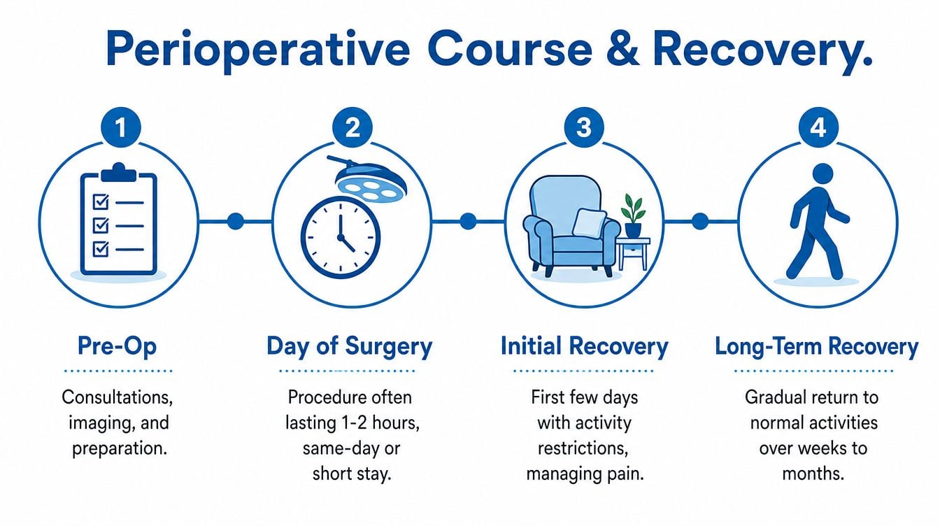 A diagram outlining the four stages of a perioperative course: pre-op, day of surgery, initial recovery, and long-term recovery.