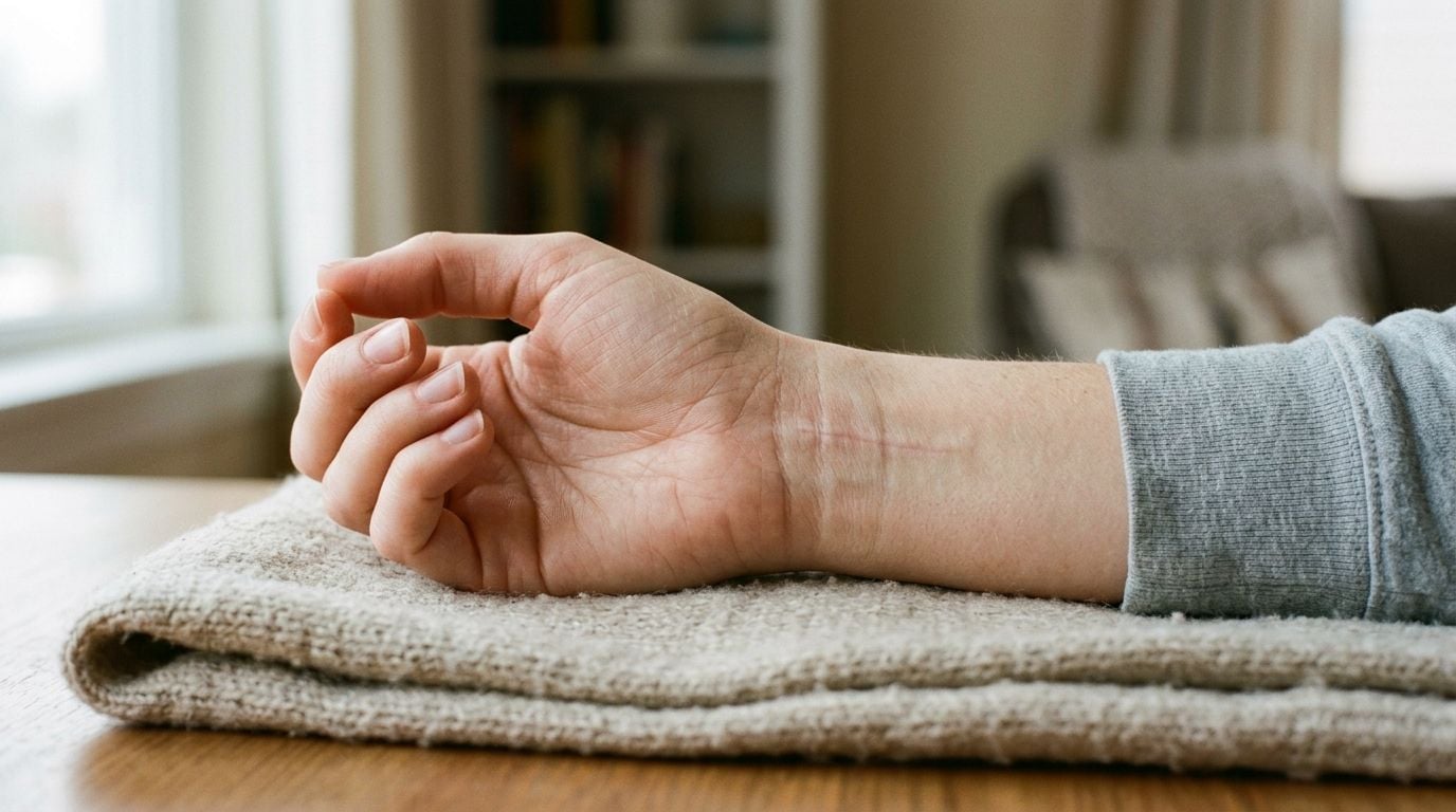 A close-up view of a human wrist showing a surgical scar resting on a folded soft blanket.