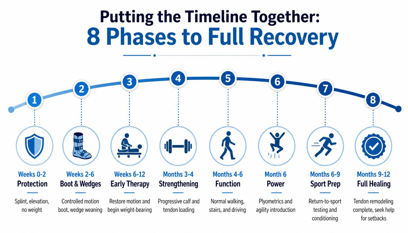 A recovery timeline diagram outlining eight progressive phases for healing after an achilles tendon injury.