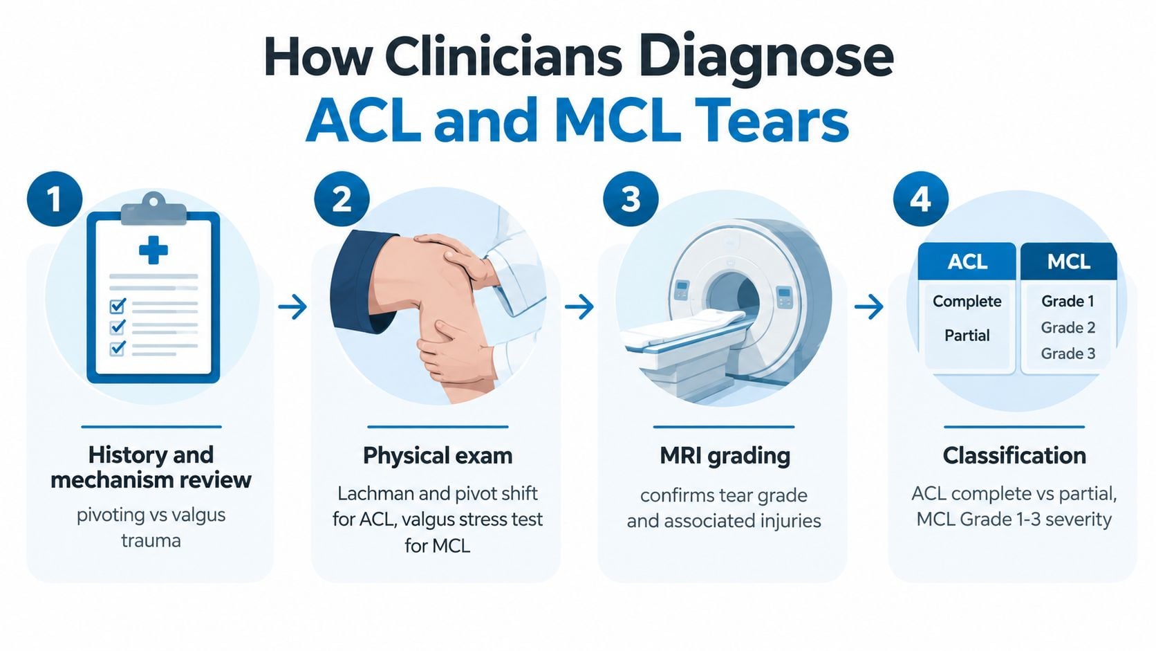 A four-step infographic illustrating the clinical diagnostic process for ACL and MCL knee ligament injuries.