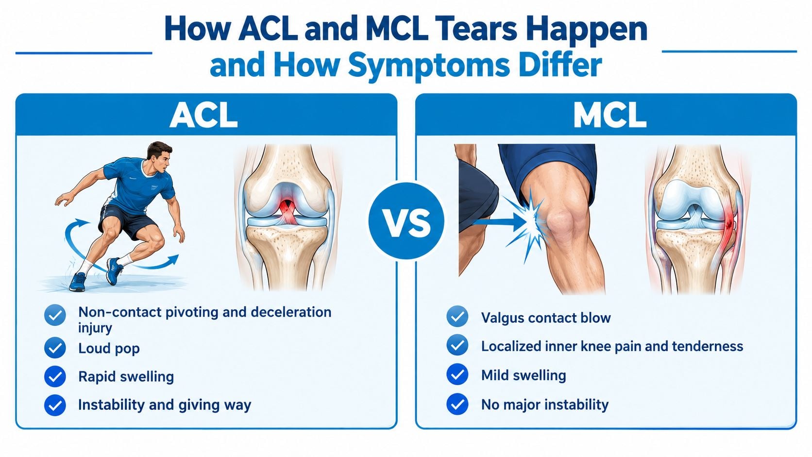 A medical comparison infographic showing the causes and symptoms of ACL and MCL knee ligament tears.