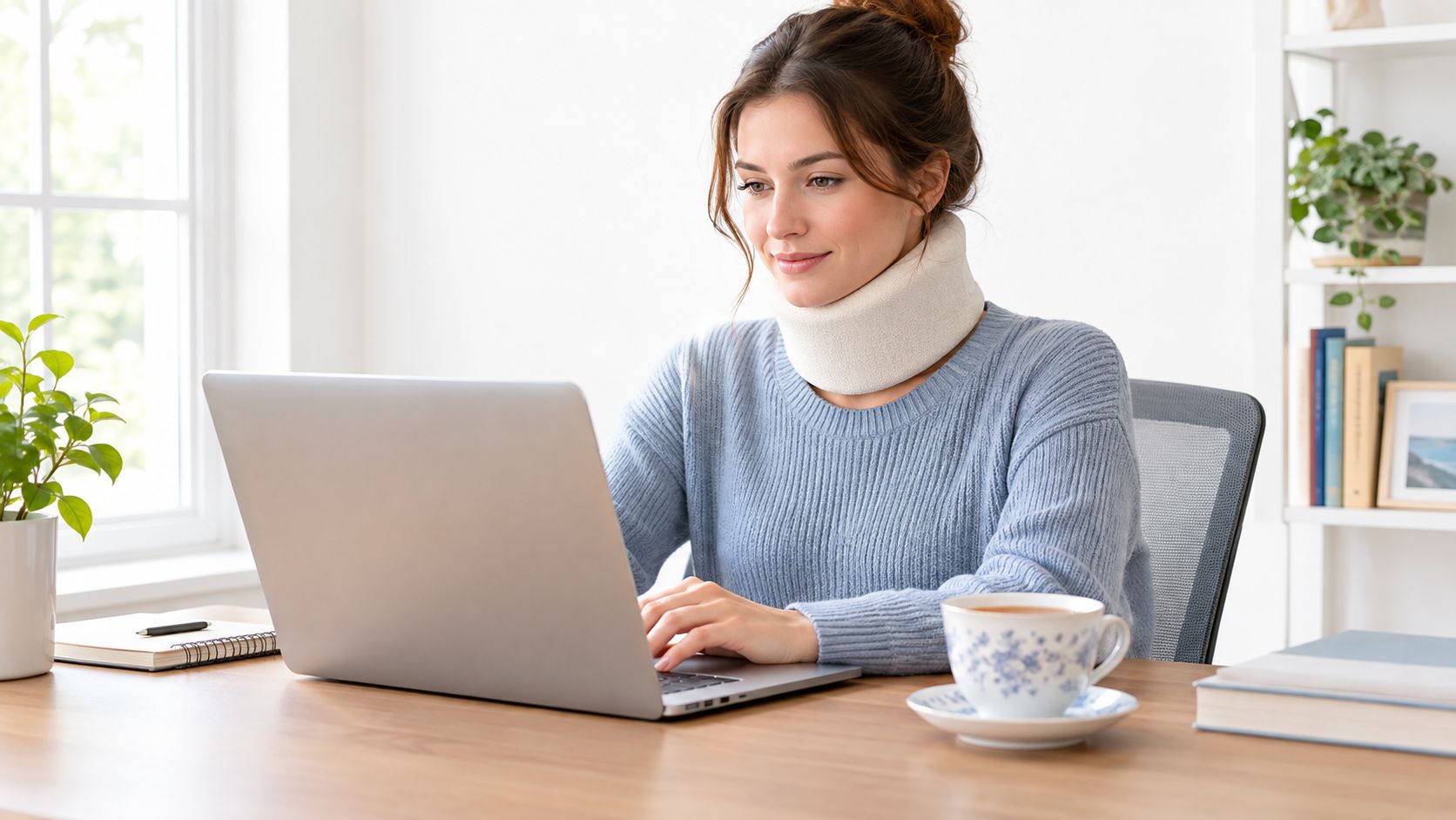 A woman wearing a cervical neck collar sits at a desk working on her laptop computer.