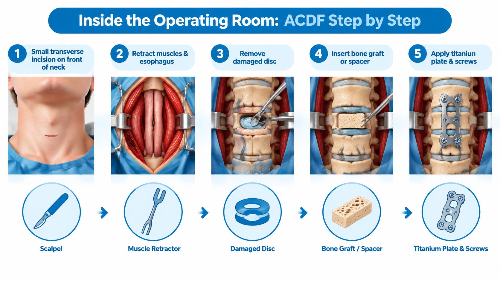 A five-step medical illustration showing the surgical process of anterior cervical discectomy and fusion procedure on a patient.