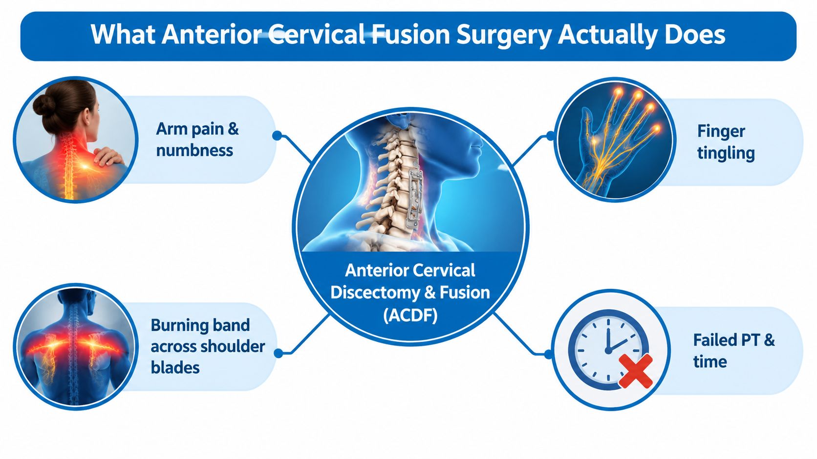 A medical infographic showing symptoms and conditions treated by anterior cervical discectomy and fusion surgery.