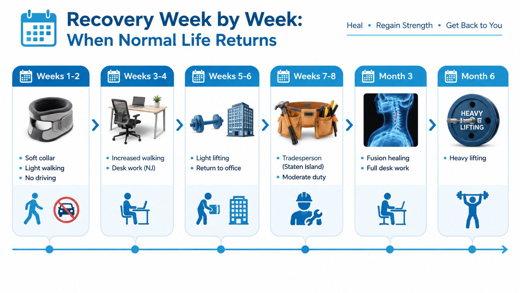 A timeline graphic illustrating the recovery stages and milestones following anterior cervical fusion surgery week by week.