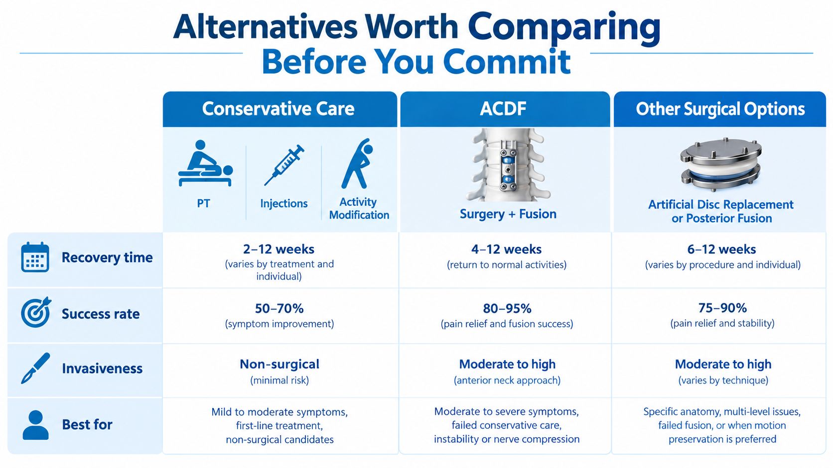 A comparison chart outlining treatment alternatives for spinal issues, including conservative care, ACDF surgery, and other surgical options.