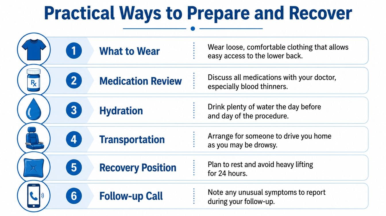 A six-step guide for patients on how to prepare for and recover from a medical procedure.