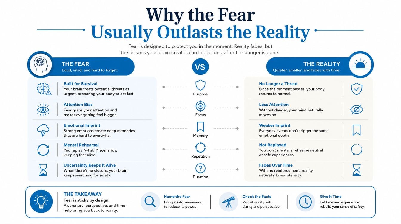 An infographic explaining why the fear usually outlasts the reality, showing psychological mechanisms and practical takeaways.