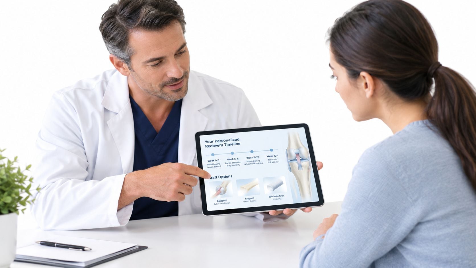 A male doctor in a white coat shows a recovery timeline on a tablet to a patient.