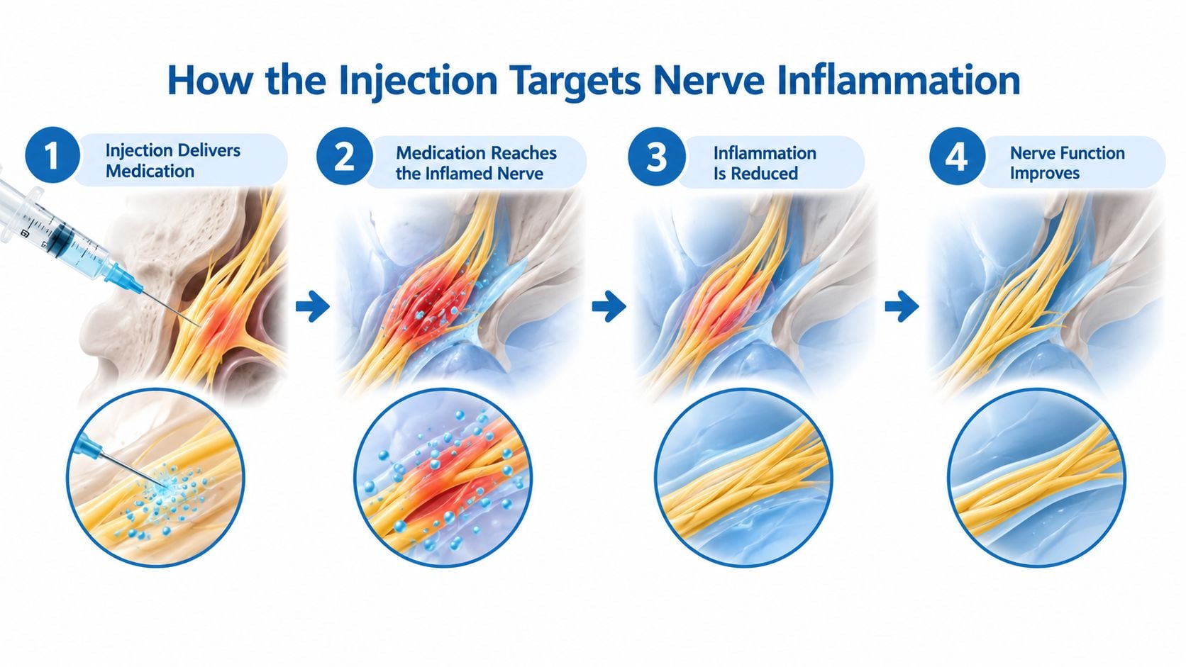 A four-step medical illustration showing how an epidural steroid injection reduces nerve inflammation and restores function.