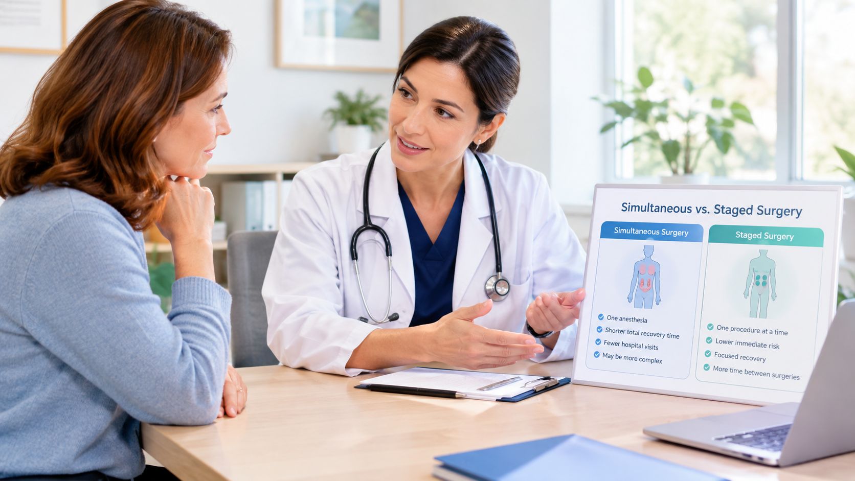 A female doctor explains the differences between simultaneous and staged surgery to a patient using a display.