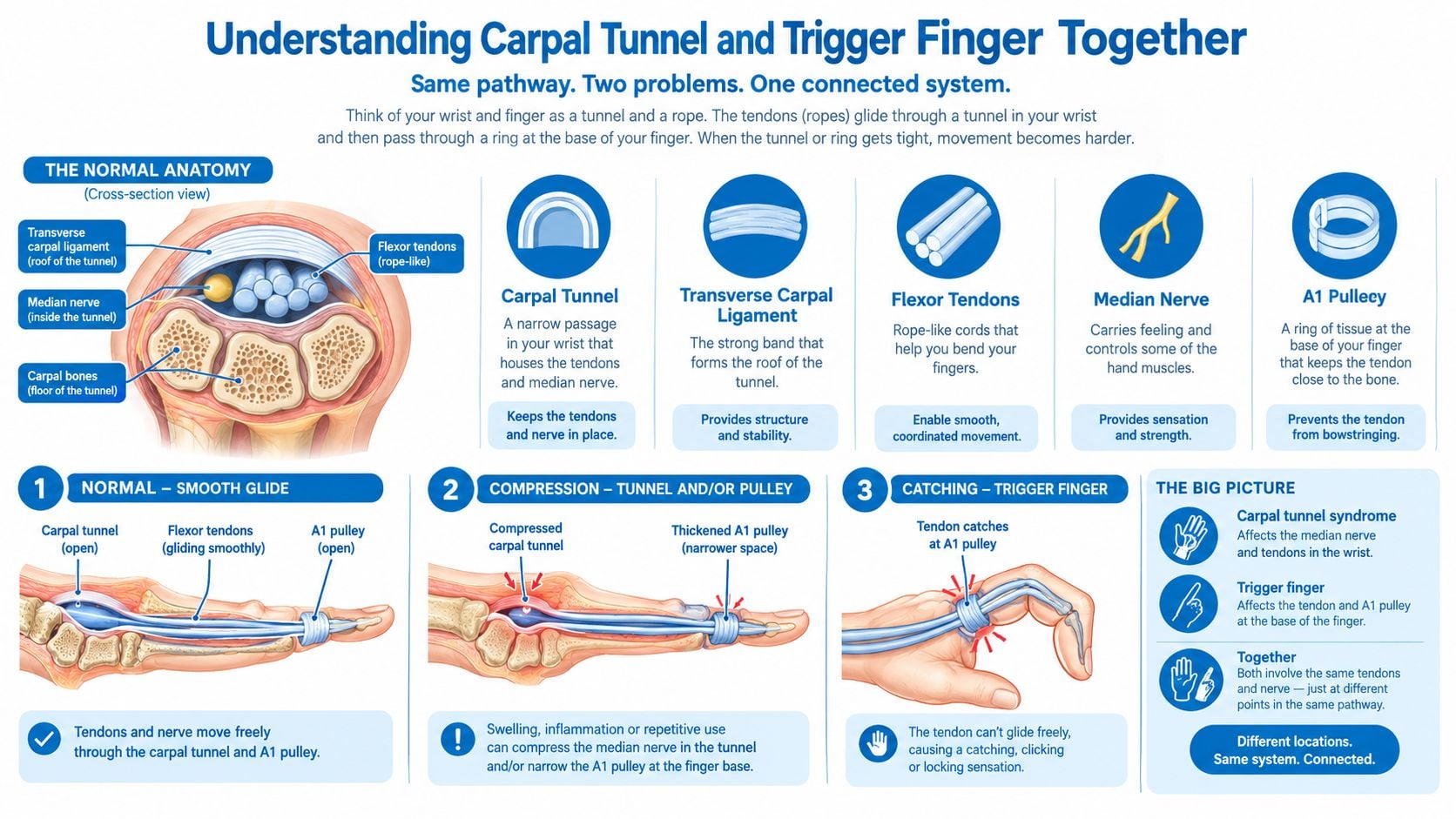 An infographic showing the anatomical connection between carpal tunnel syndrome and trigger finger, illustrating tendons, nerves, and pulleys.