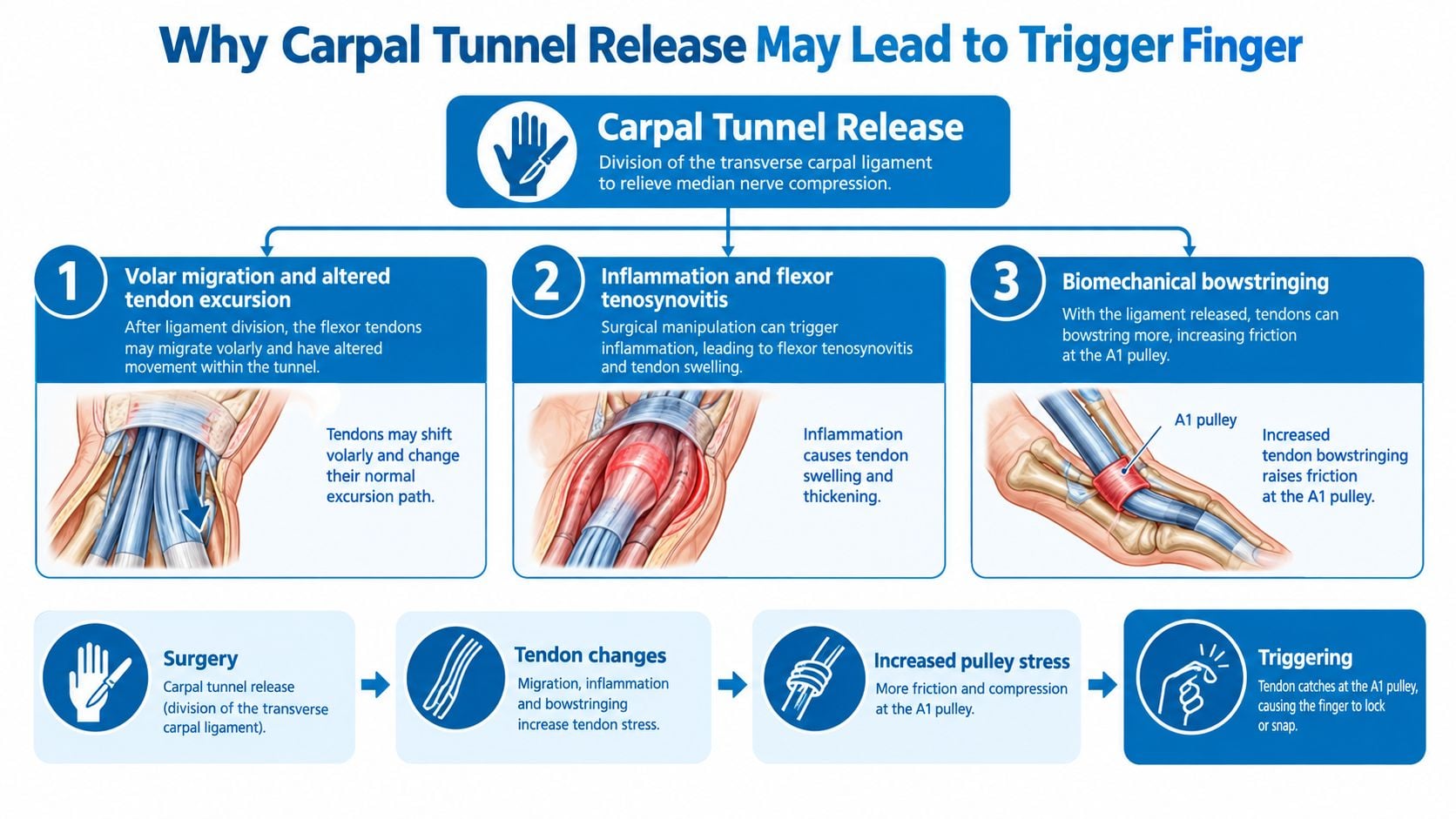 A diagram explaining three mechanisms how carpal tunnel release surgery can lead to the development of trigger finger.