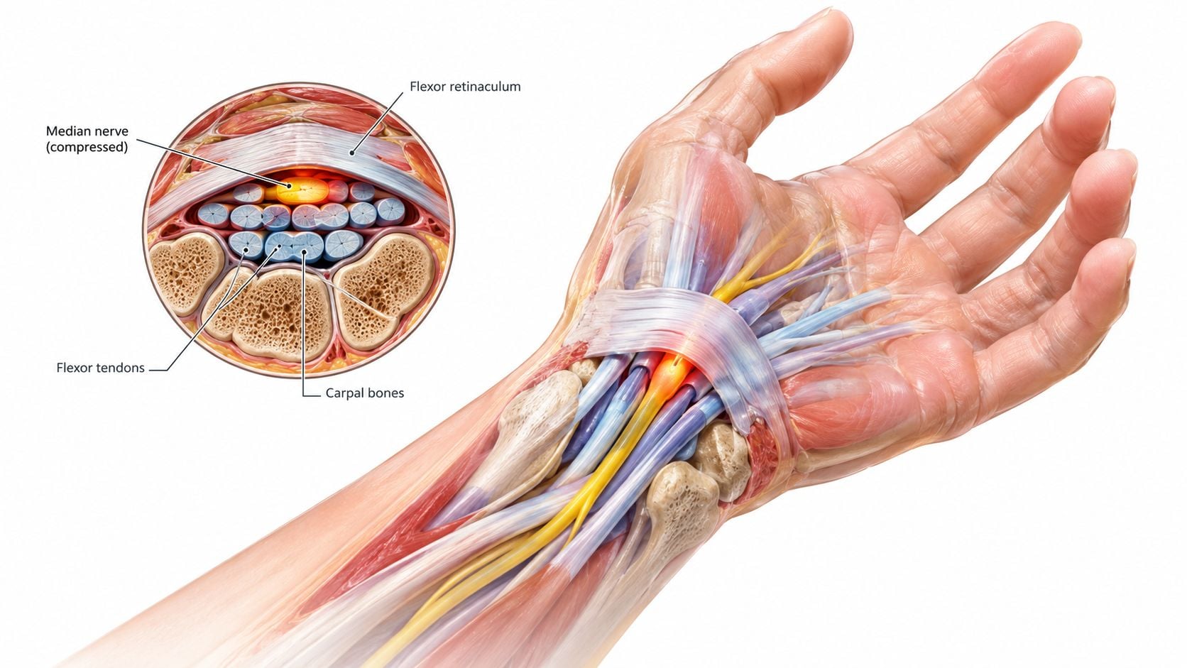 A medical illustration showing a cross-section of the wrist, highlighting median nerve compression in carpal tunnel syndrome.
