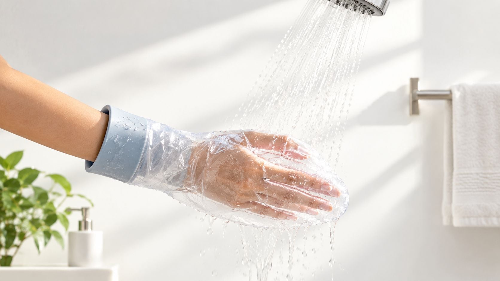 A person wears a waterproof protective cover on their hand while showering to keep the area dry.