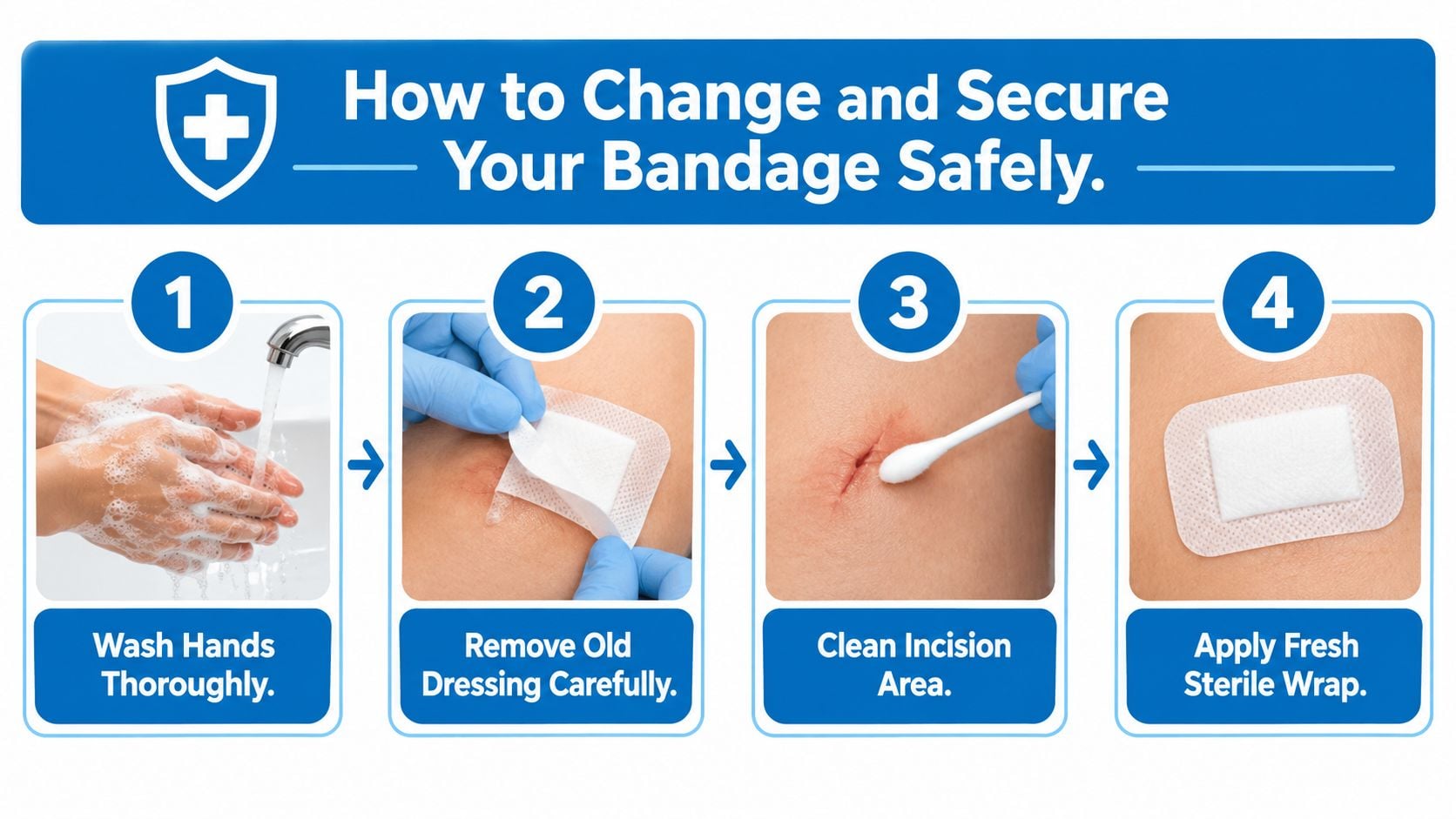 A four-step infographic illustrating how to safely change and secure a surgical dressing on a wound.