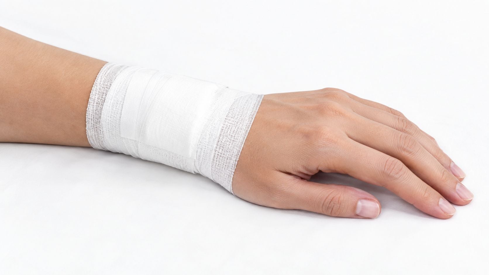 A close-up view of a human wrist wrapped in a clean white bandage after medical treatment.