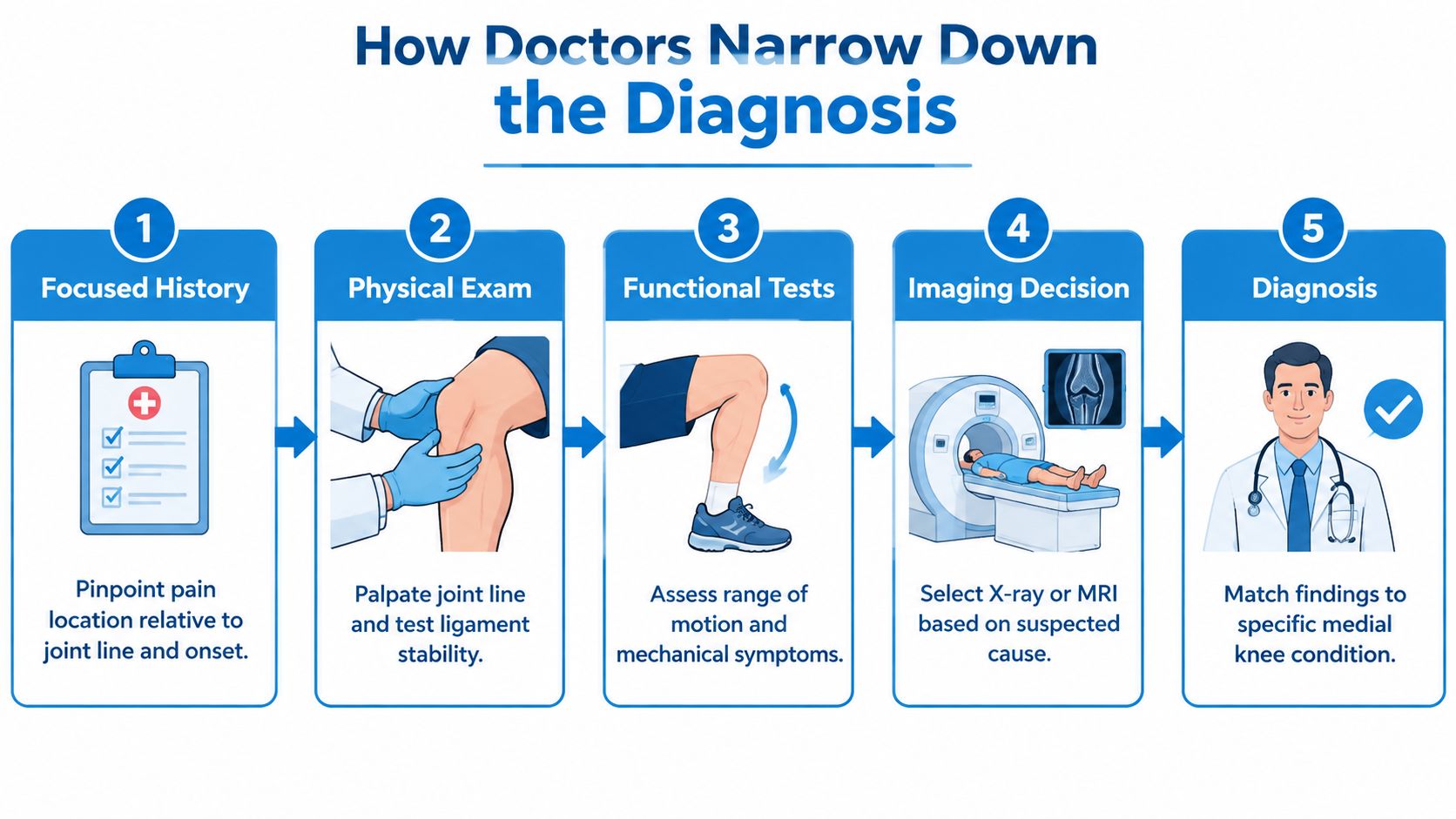 A five-step infographic showing how doctors diagnose medial knee pain through history, physical exams, and imaging.