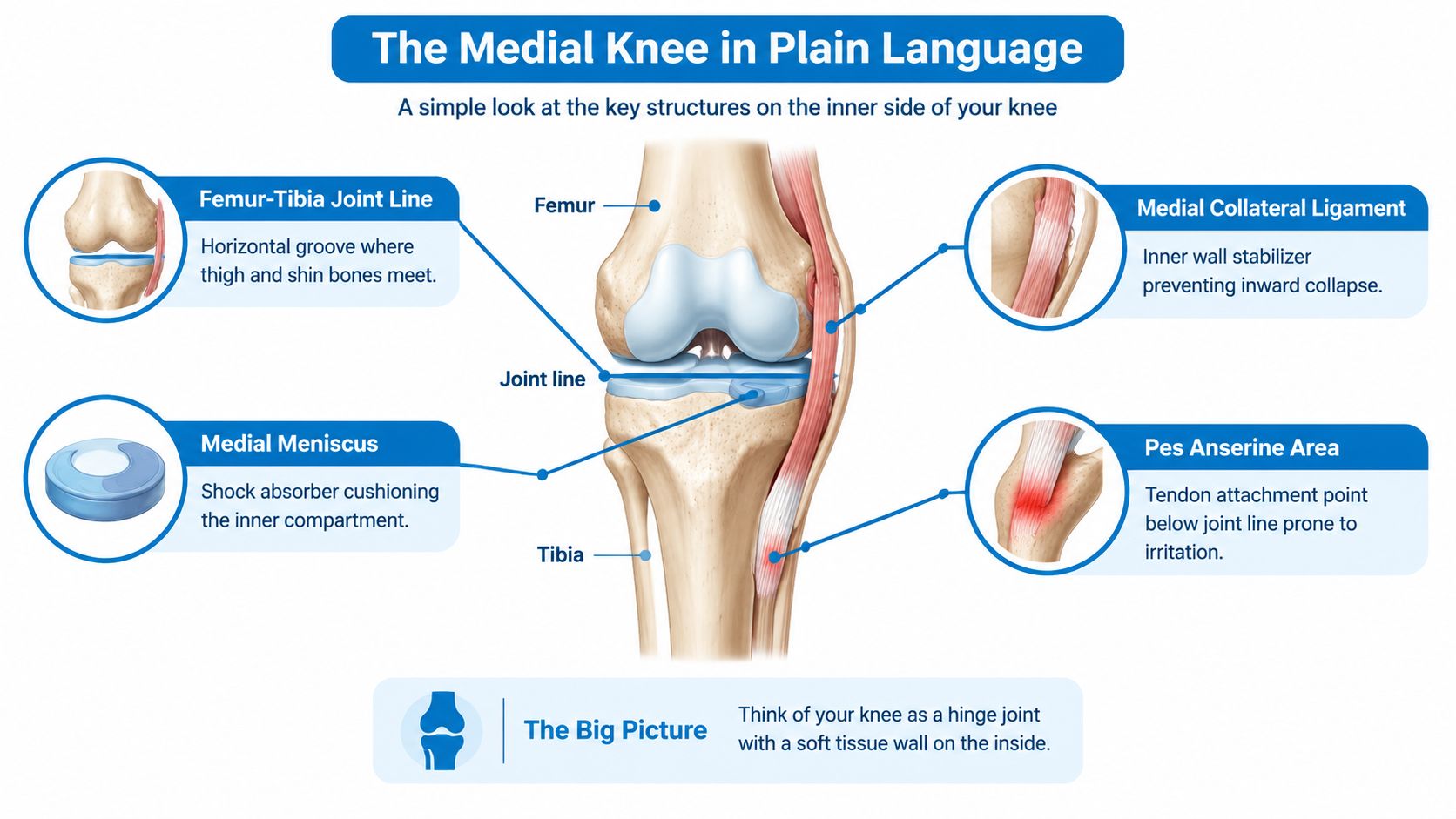 An educational infographic illustrating the anatomical structures of the medial side of the human knee joint.