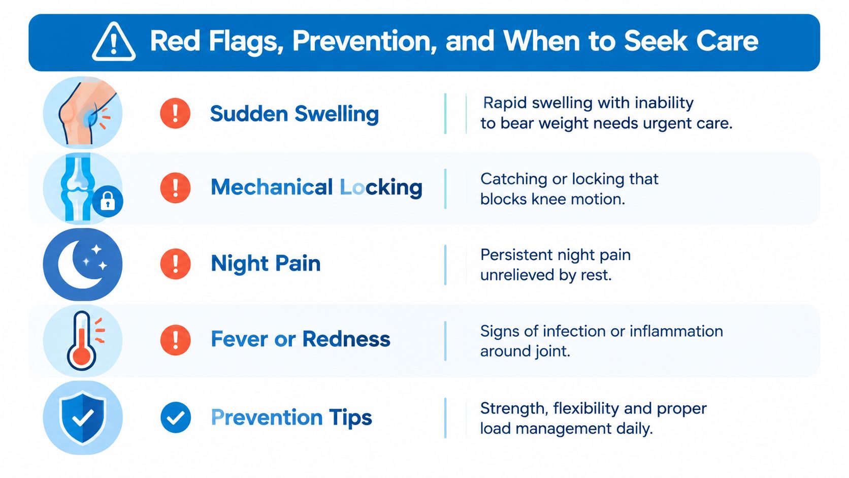 A chart listing red flags for knee pain, such as swelling, locking, and night pain, plus prevention tips.