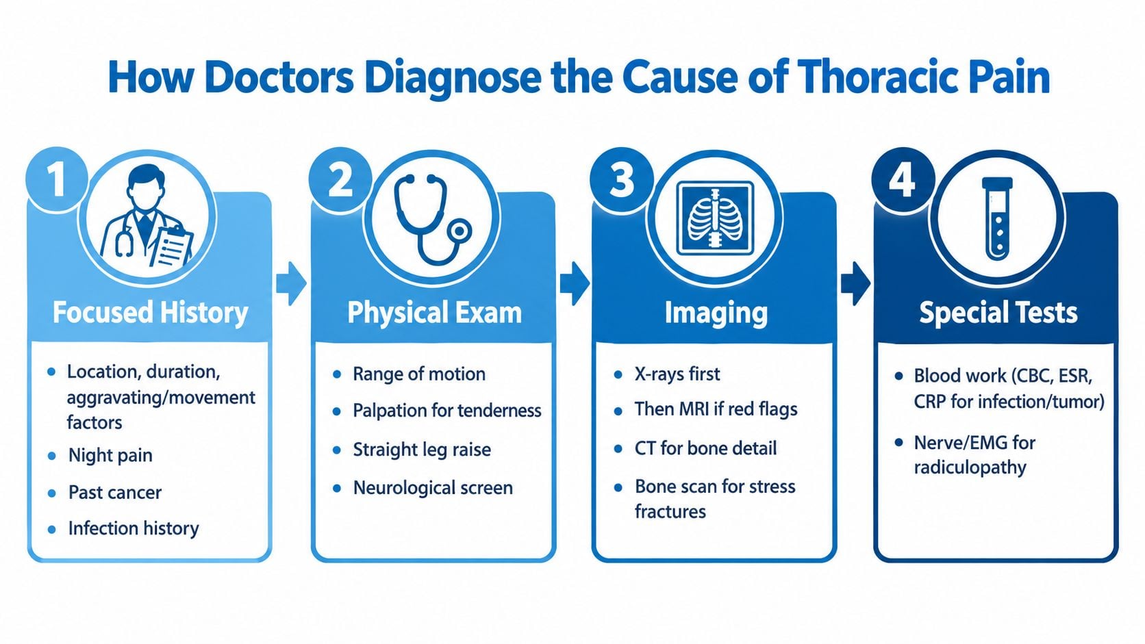 A four-step medical process infographic illustrating how doctors diagnose the underlying causes of thoracic back pain.