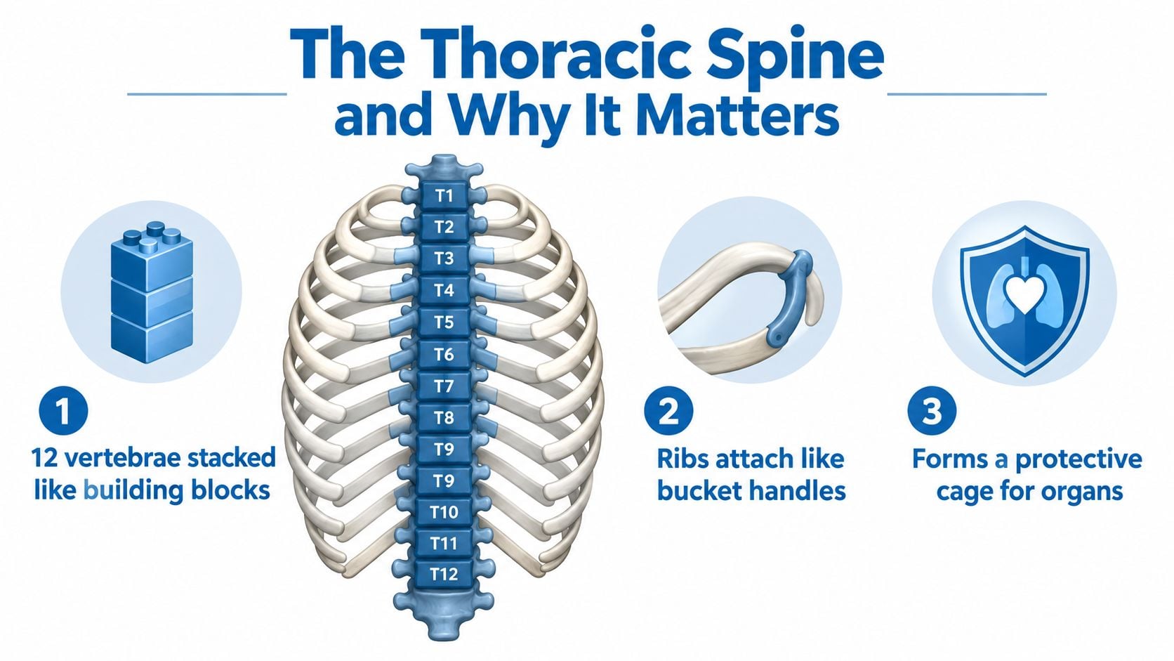 A medical infographic showing the anatomy of the thoracic spine and its role in protecting vital organs.