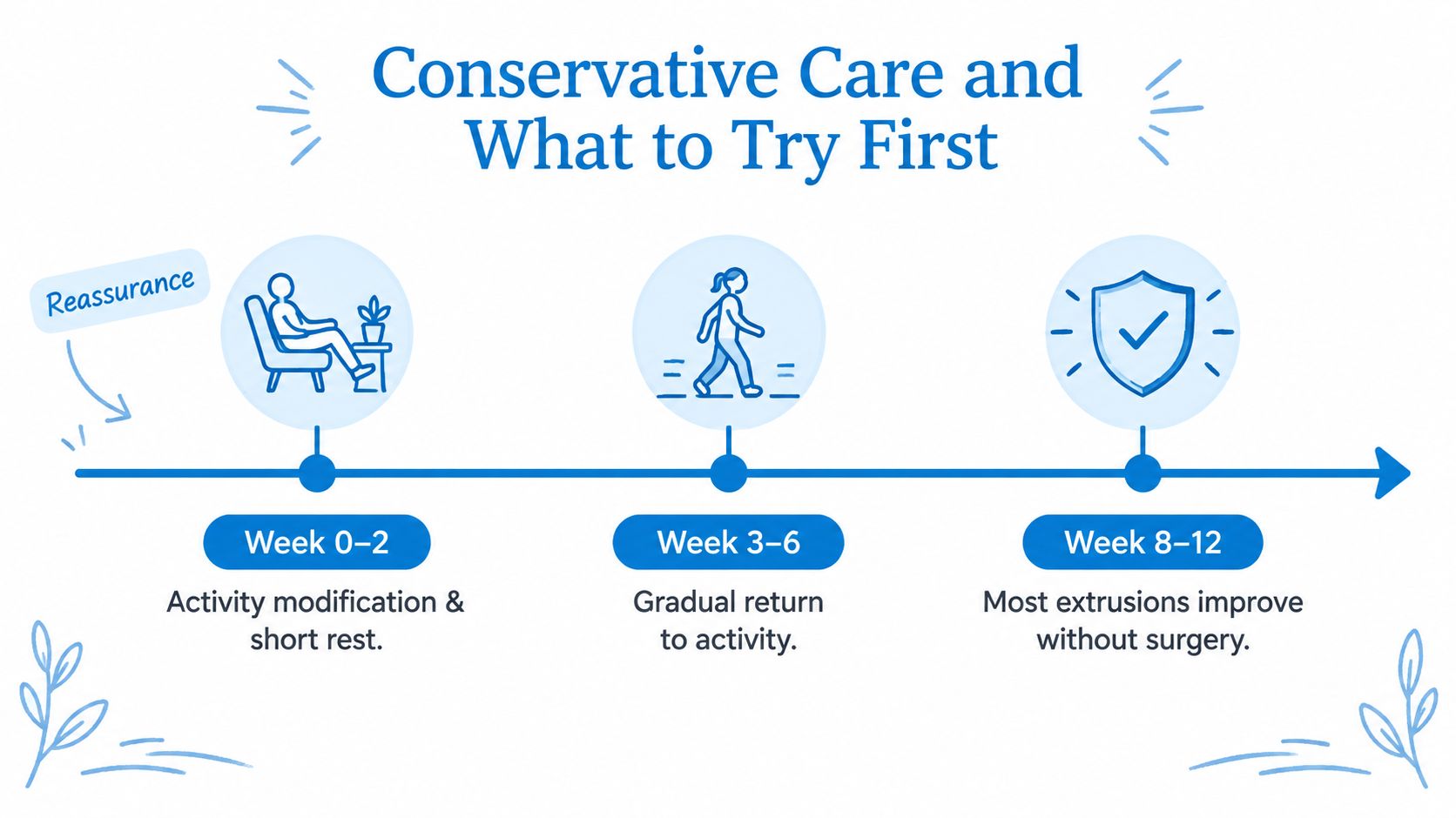A timeline graphic illustrating a 12-week conservative care plan for managing central disc extrusions.