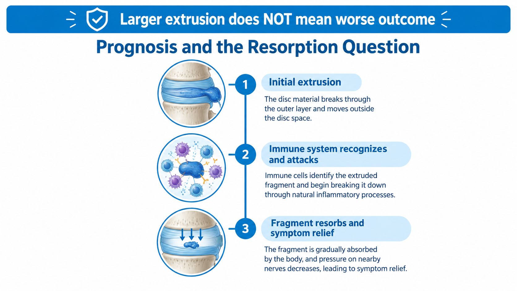 An infographic showing the three-step process of natural disc resorption after an initial spinal disc extrusion.