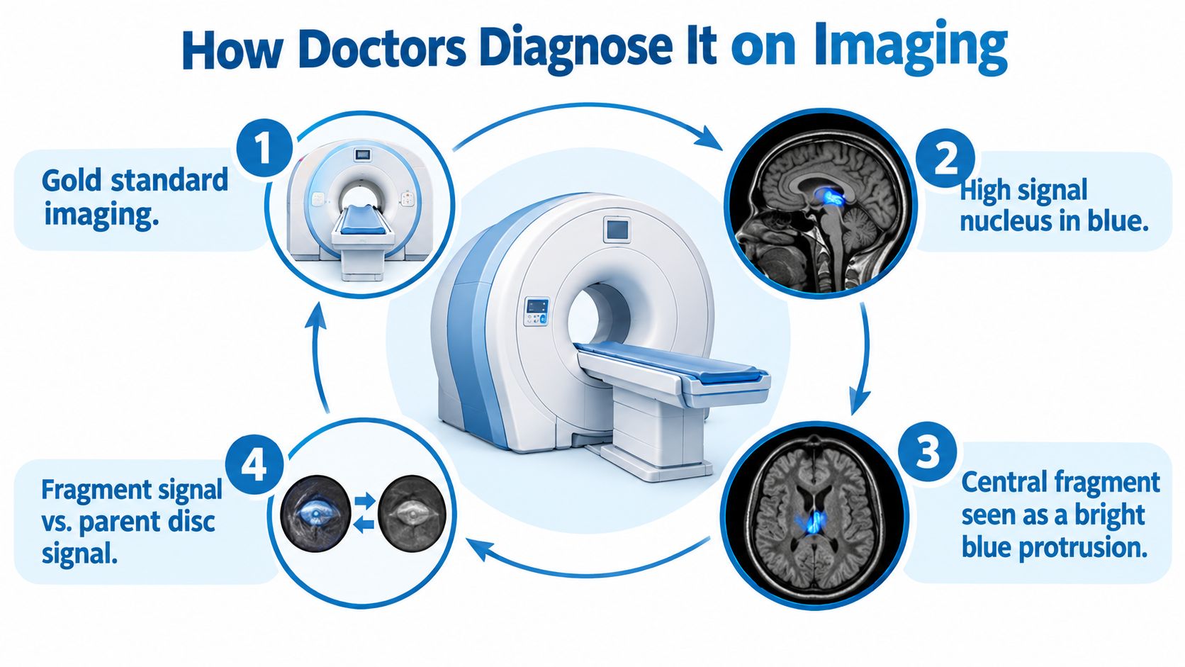 A diagram explaining how doctors diagnose a central disc extrusion using MRI medical imaging technology.