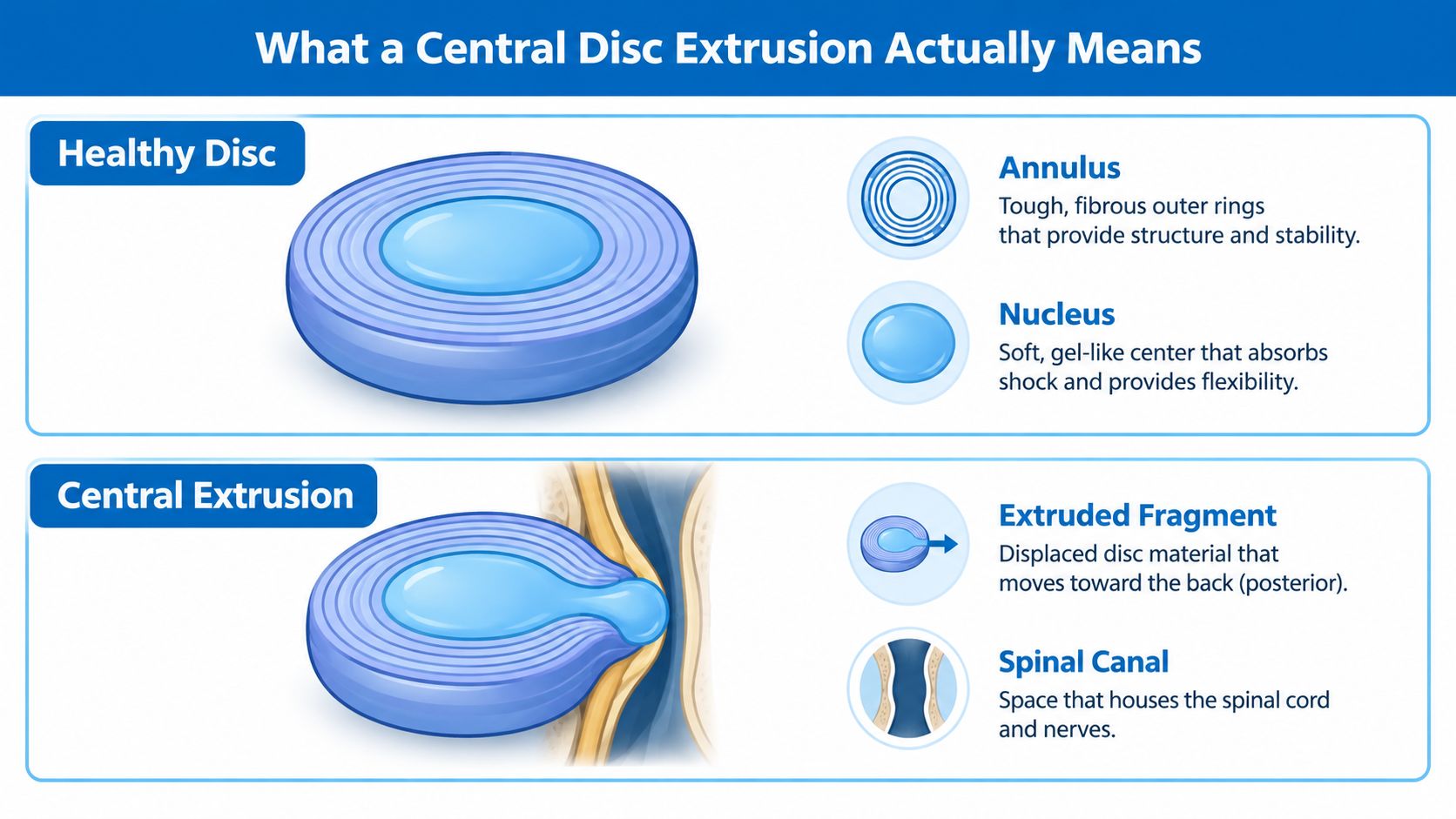 A diagram comparing a healthy spinal disc to a central disc extrusion, highlighting the anatomical structure and displacement.