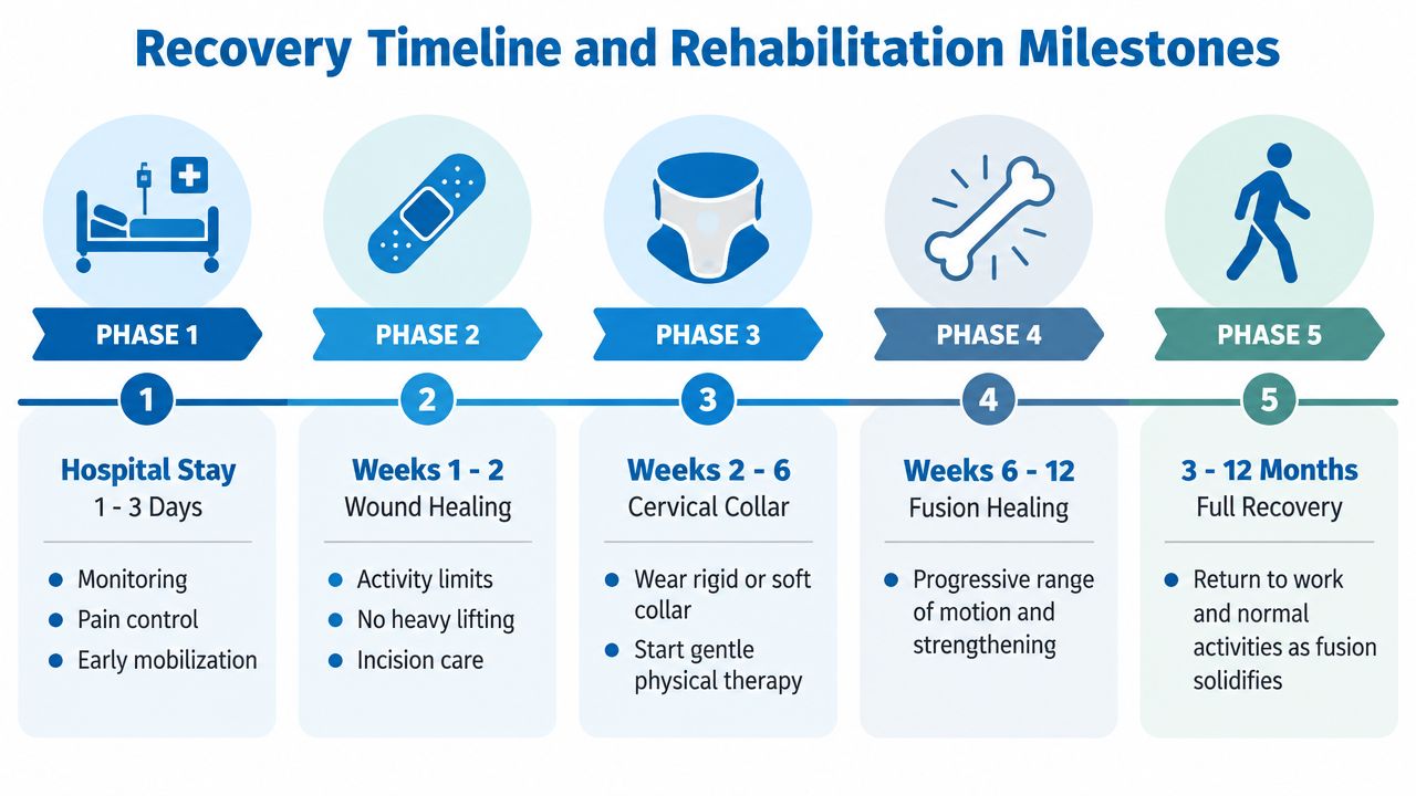 A recovery timeline and rehabilitation milestones chart for patients following a cervical laminectomy and fusion procedure.