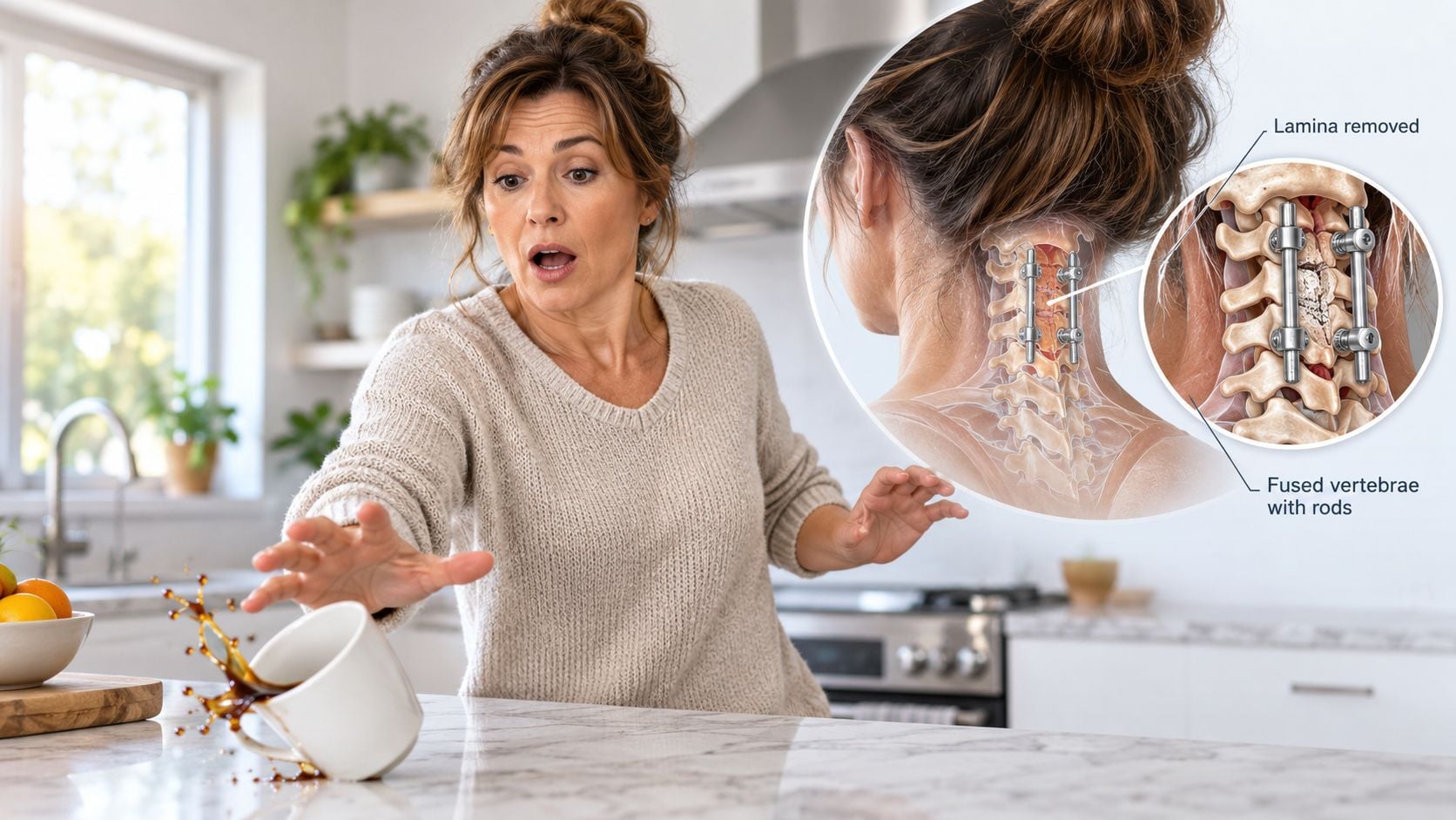 A surprised woman in a kitchen with an overlay diagram showing cervical laminectomy and spinal fusion surgery.