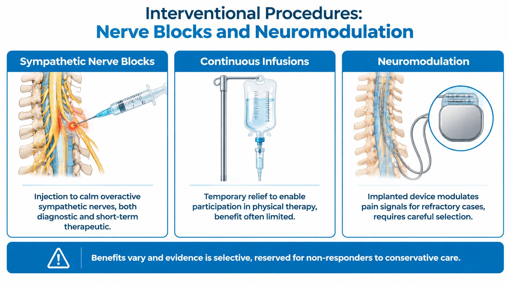 A medical infographic detailing interventional procedures including sympathetic nerve blocks, continuous infusions, and neuromodulation for pain management.