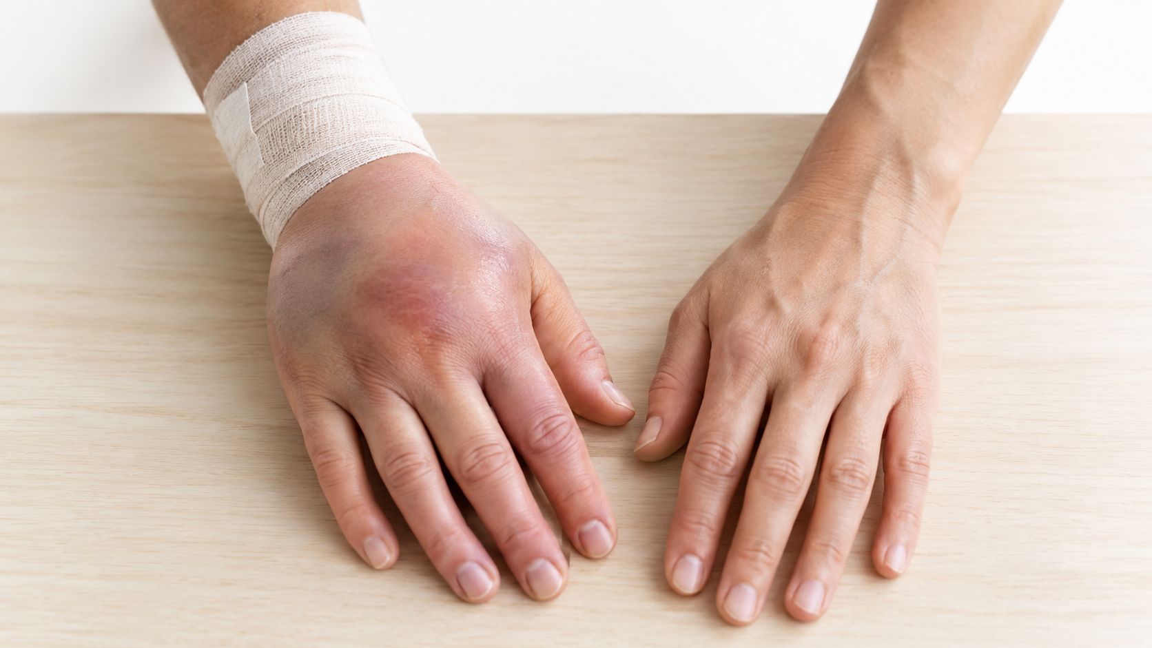 A comparison of a swollen, bruised human hand with a bandage and a healthy hand on a table.