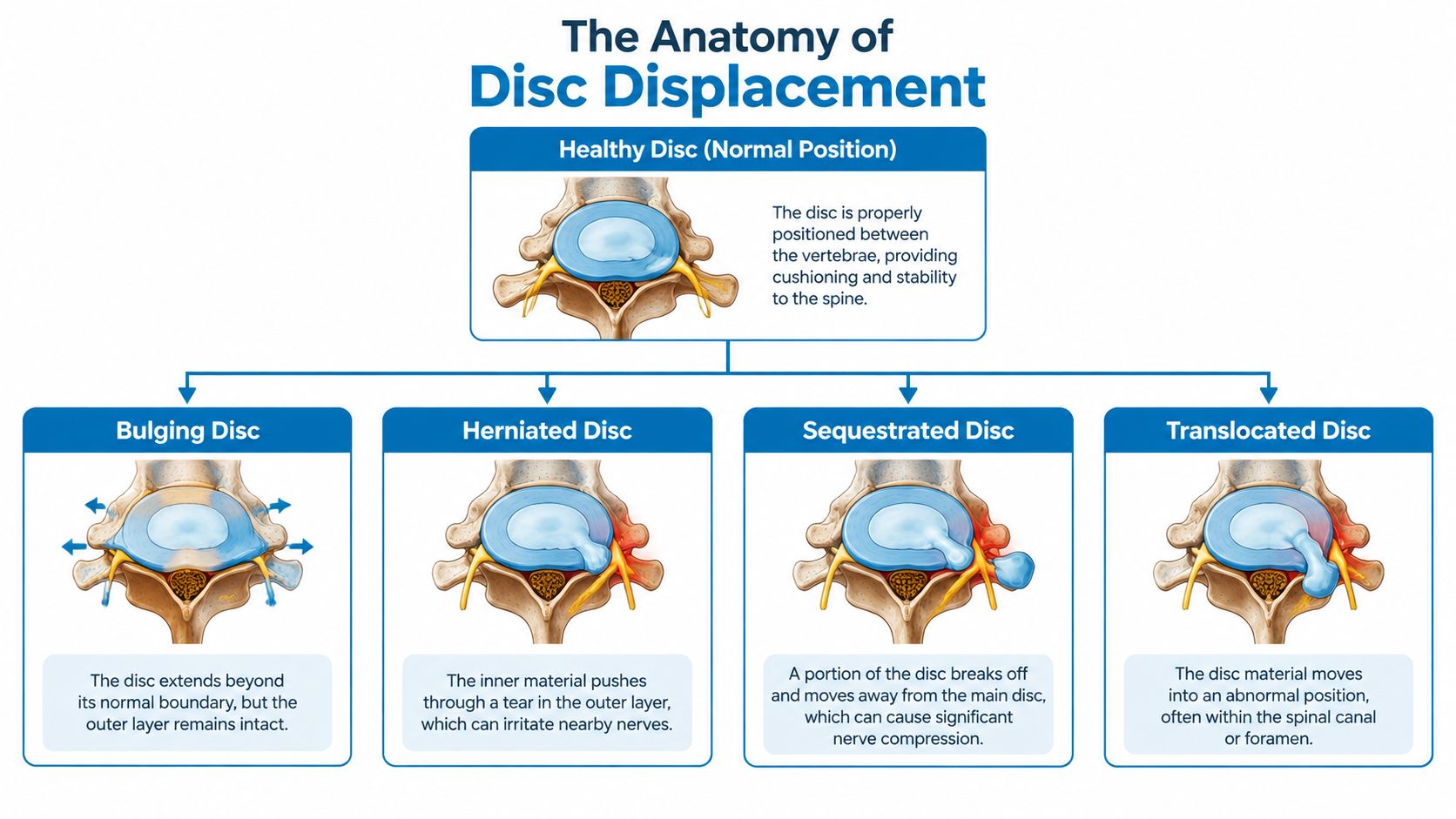 A diagram comparing four types of spinal disc displacement, including healthy, bulging, herniated, sequestrated, and translocated discs.