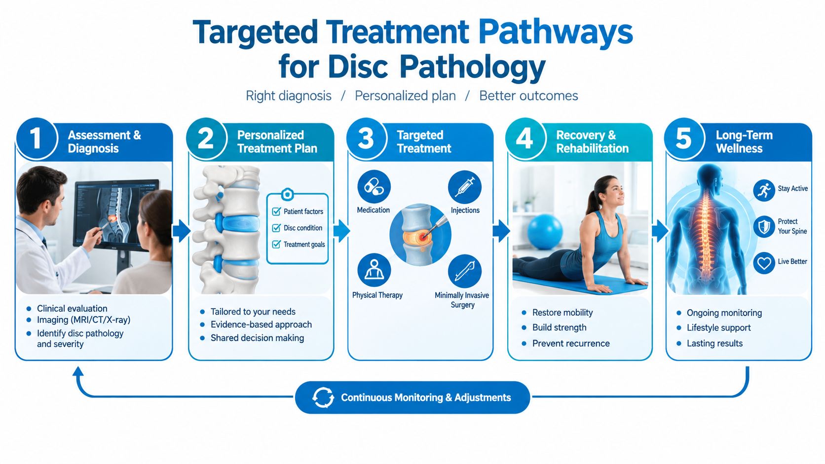 A diagram illustrating the five-step targeted treatment pathway for spinal disc pathology from diagnosis to wellness.