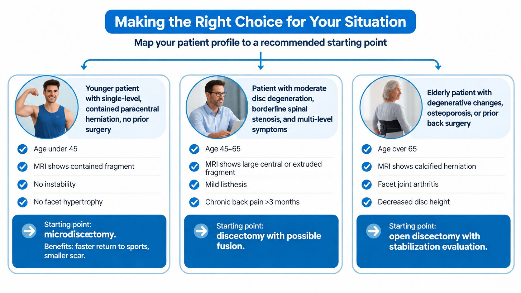 A medical infographic comparing patient profiles for selecting between microdiscectomy, discectomy with fusion, and open discectomy procedures.