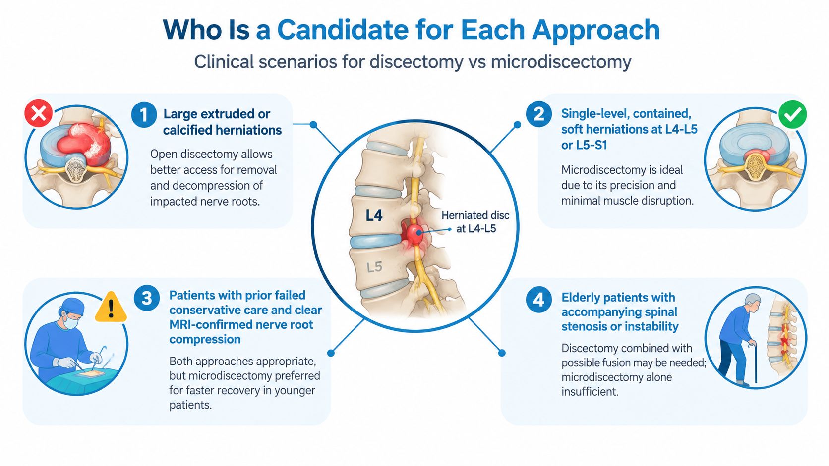 An infographic comparing clinical scenarios suitable for discectomy versus microdiscectomy procedures for herniated spinal discs.