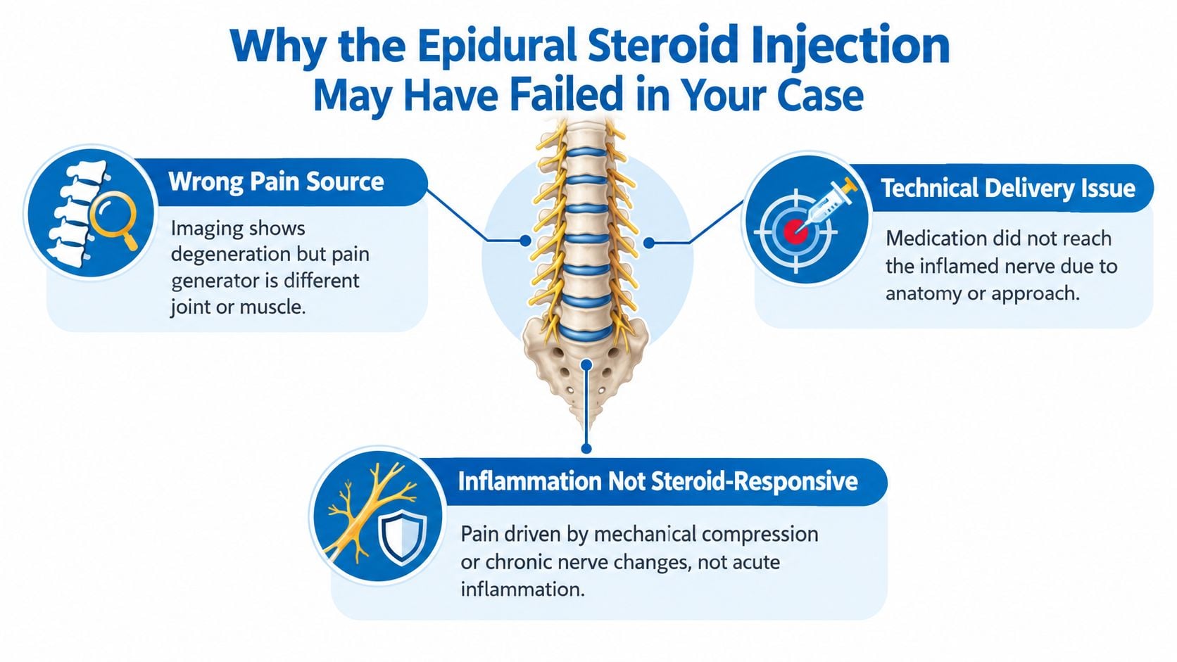 An infographic showing three main reasons why an epidural steroid injection may fail for patients.