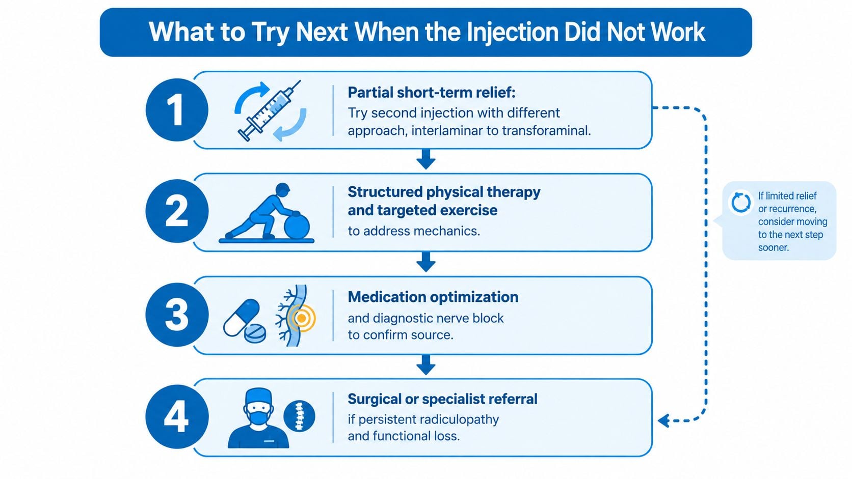 A flow chart outlining medical steps to take when an initial spinal injection does not provide relief.