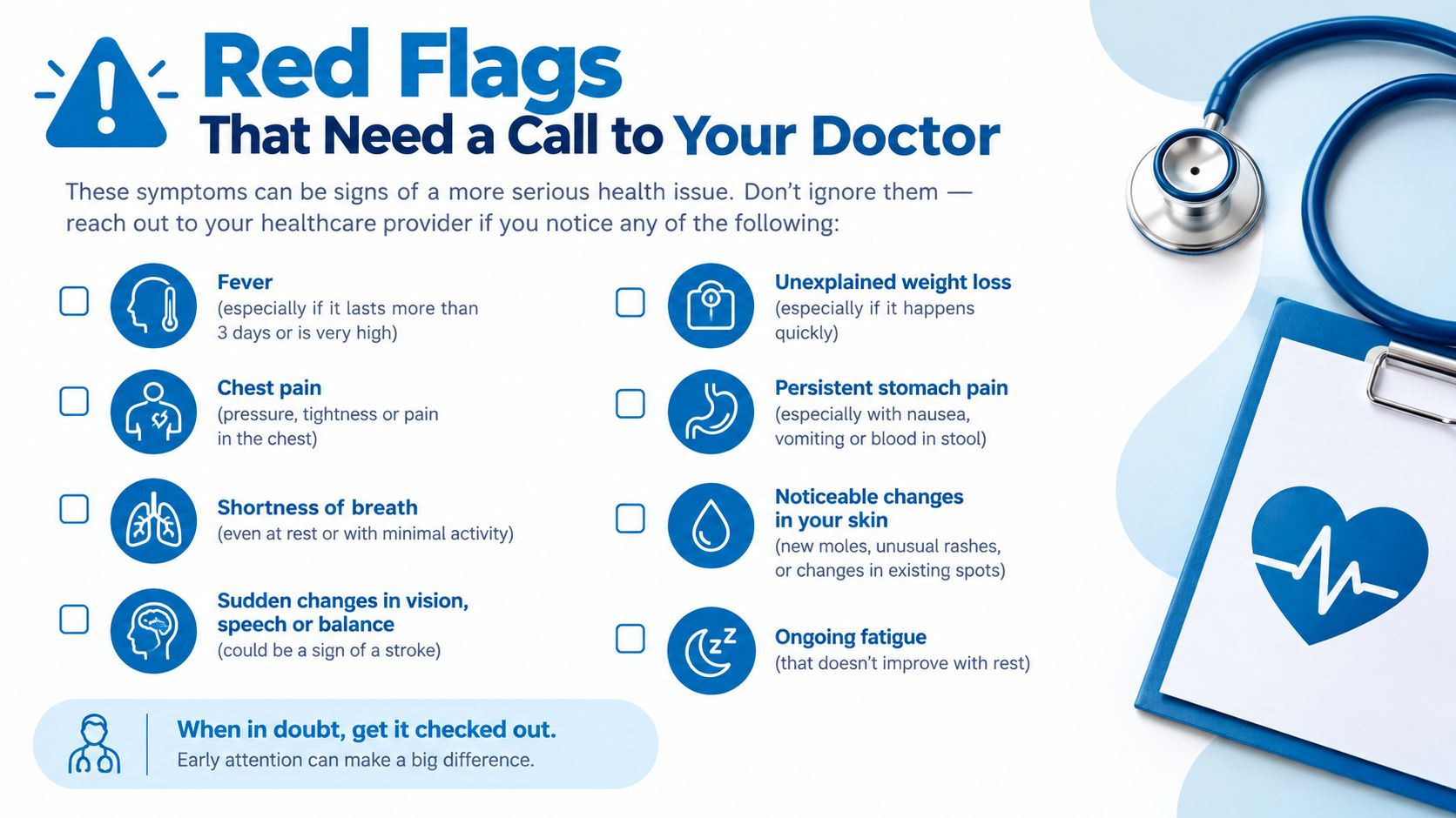 A medical infographic highlighting common red flag symptoms that require a call to a doctor.