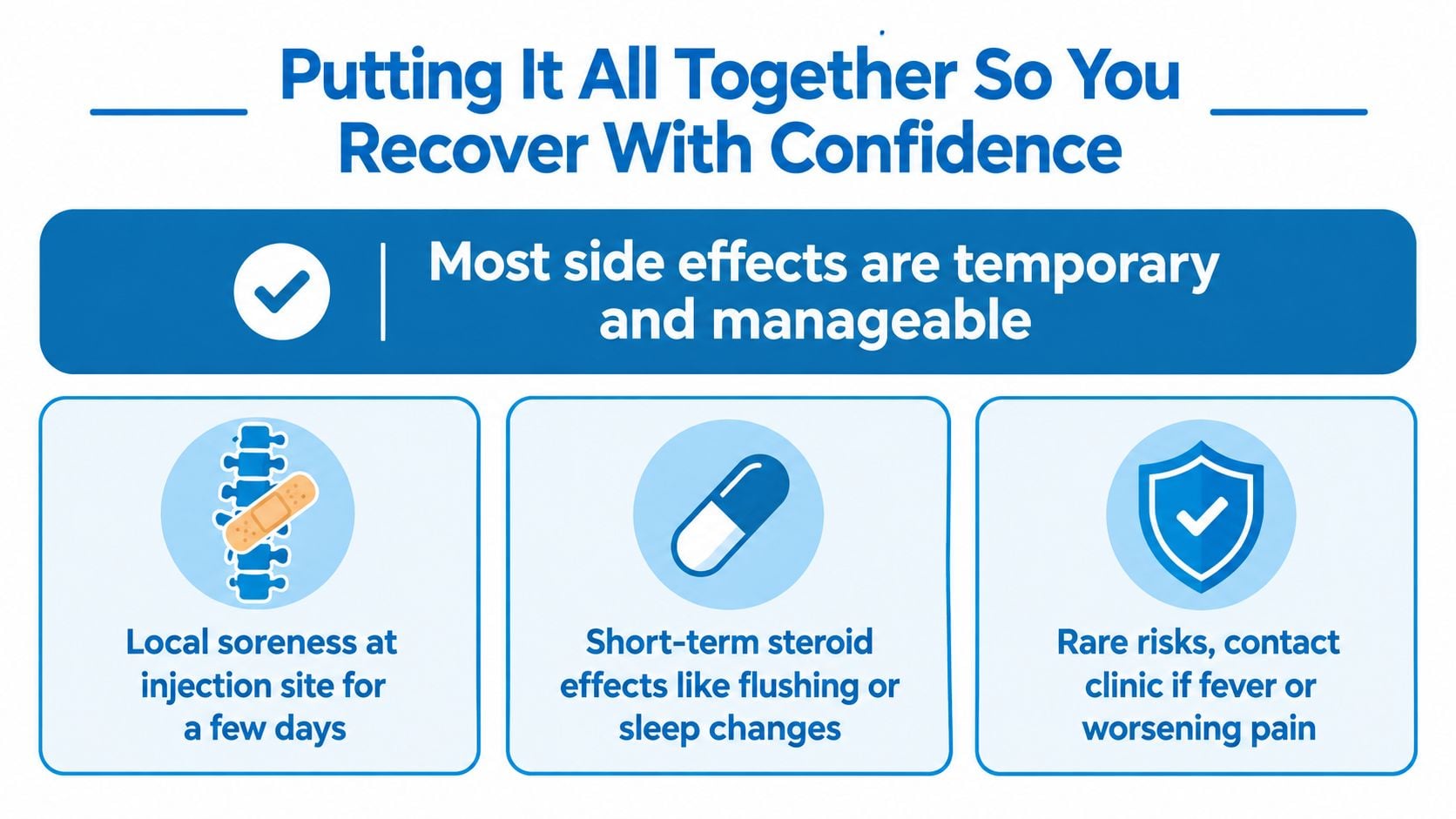 An infographic titled Putting It All Together, explaining that side effects from injections are usually temporary and manageable.