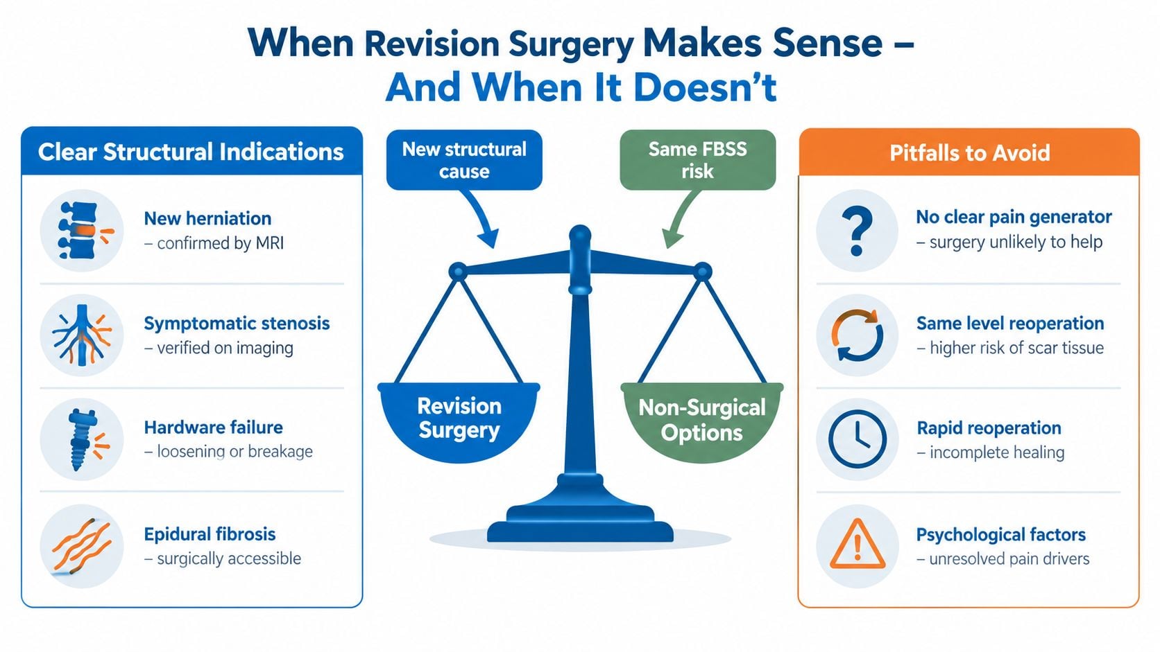 An infographic showing when revision surgery for failed back surgery syndrome is appropriate versus non-surgical options.