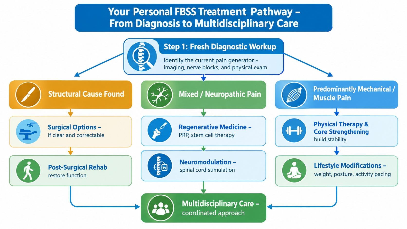 A flow chart illustrating the multidisciplinary treatment pathway for patients with failed back surgery syndrome.