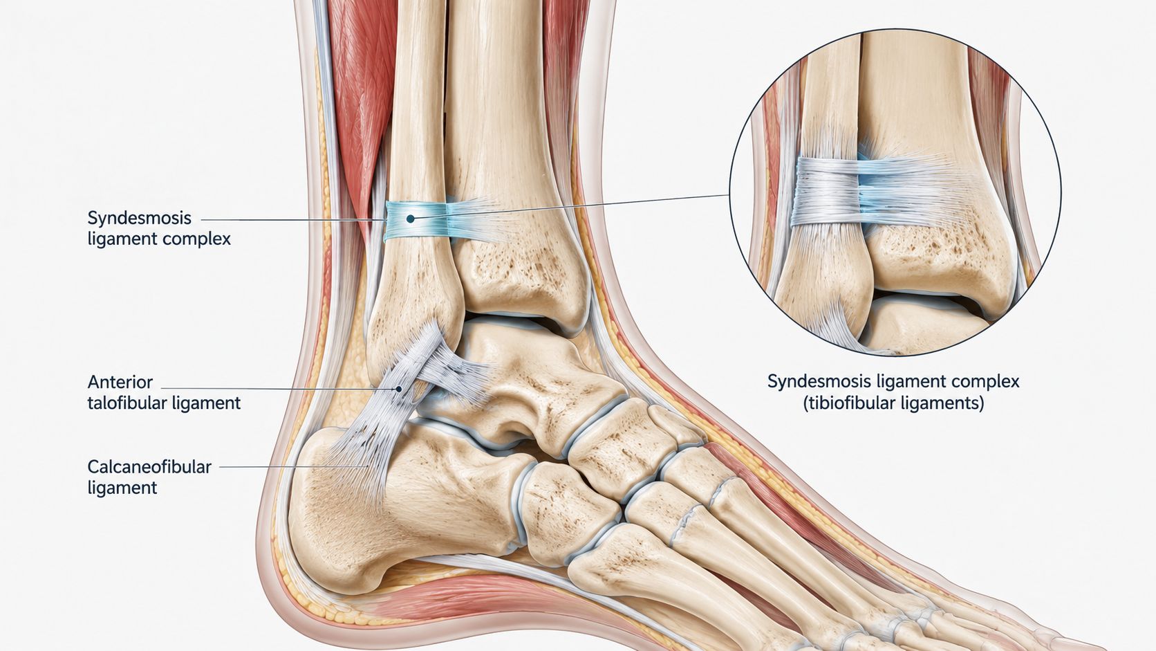 Anatomical illustration showing the bones and ligaments of the human ankle joint with labels included.